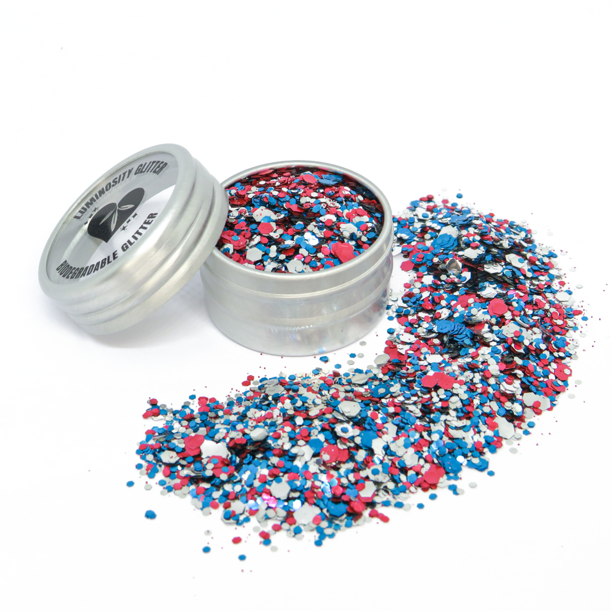 Jubilee bioglitter mix by Luminosity Glitter. Hand blended in London with red, silver and blue eco friendly glitter