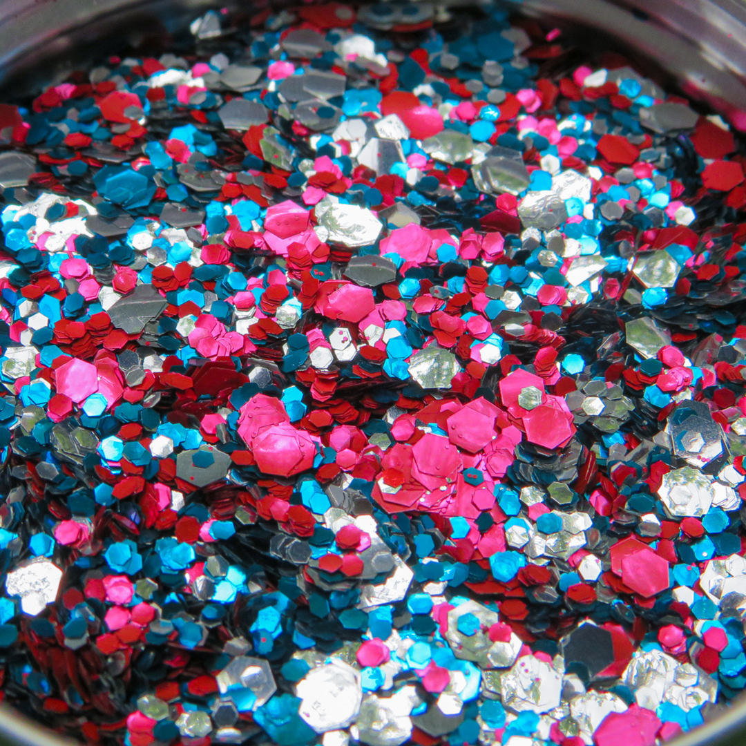 Jubilee eco glitter mix by Luminosity glitter has been made with silver, red and blue glitter
