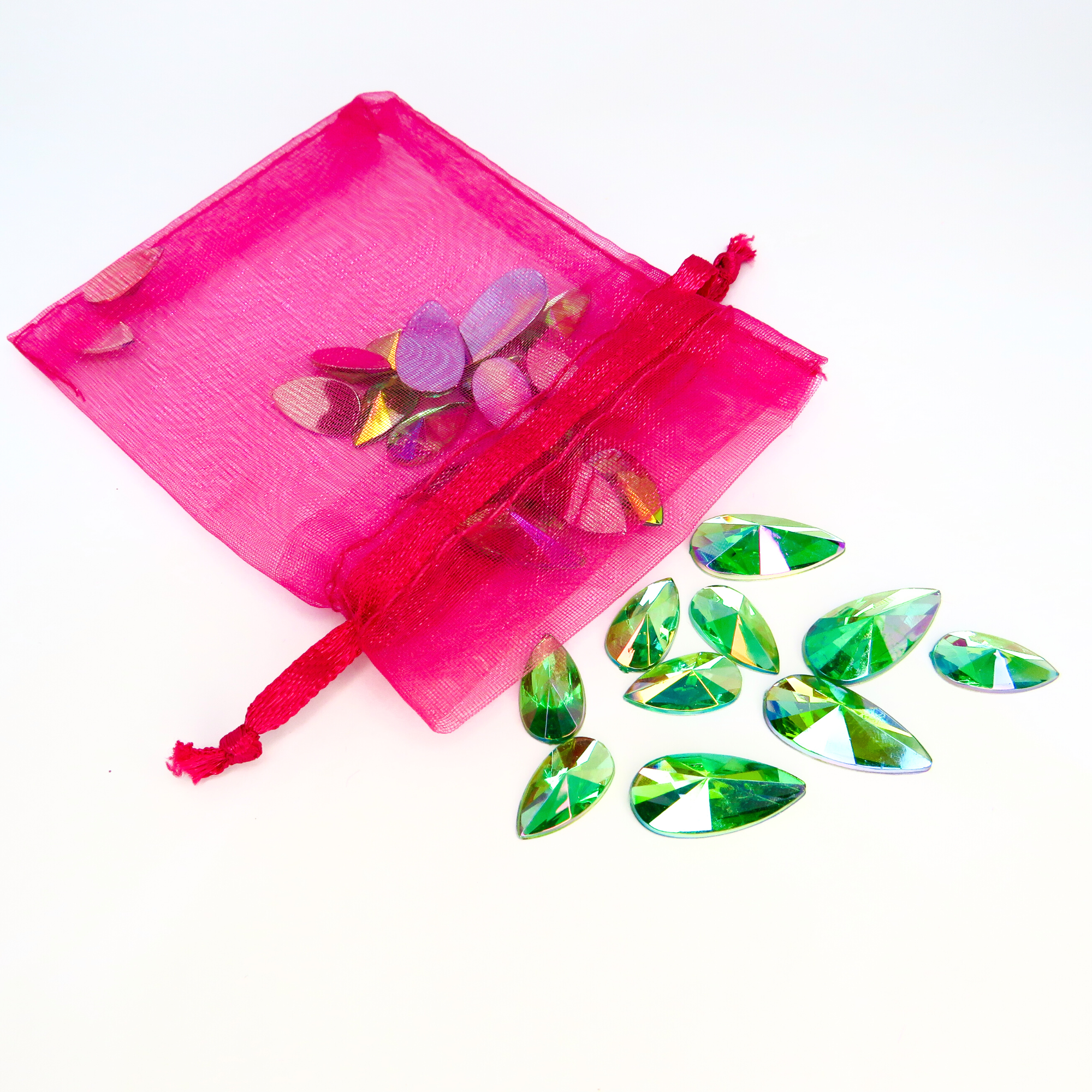 Lime soda green reusable festival face and body gems come in a mini pink organza bag to keep them safe after use.