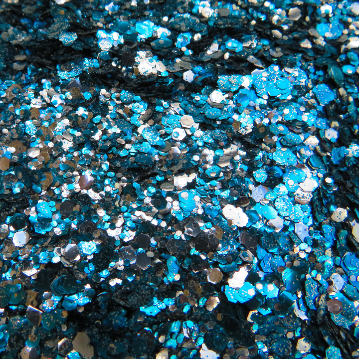 Moon river blend of blue and silver biodegradable glitter in fine, chunky and ultra chunky sizes