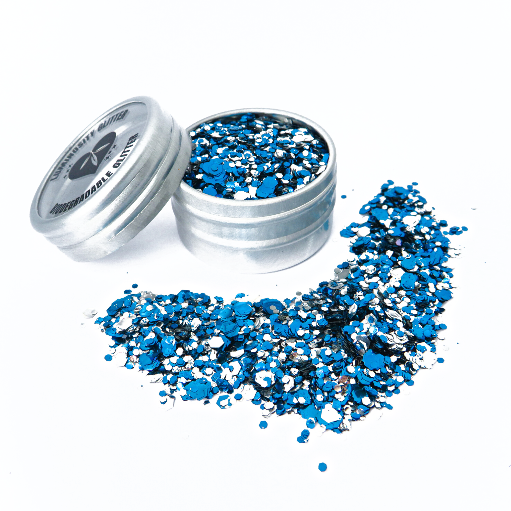 Moon river mix of silver and blue eco friendly cosmetic glitter that biodegrades quickly in a natural environment
