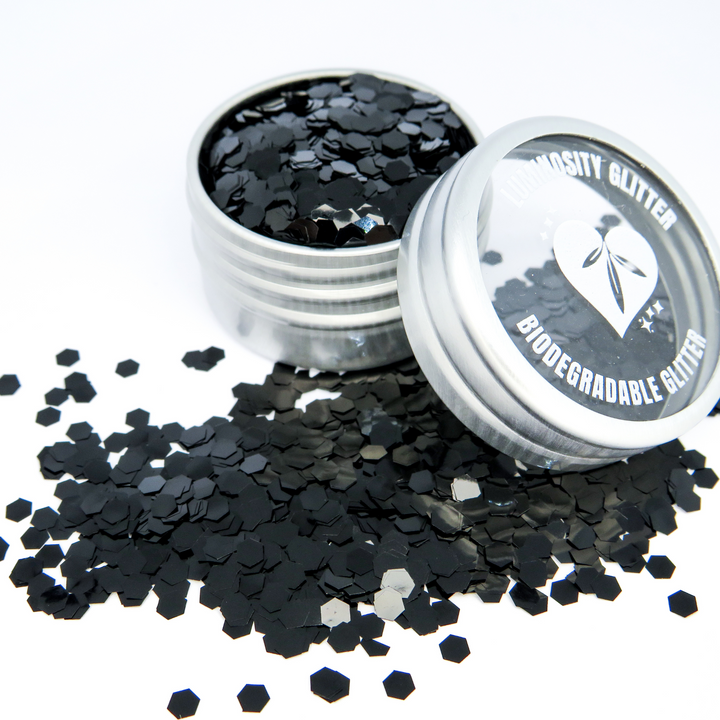 Obsidian black ultra chunky eco glitter in a recyclable aluminium window lid pot