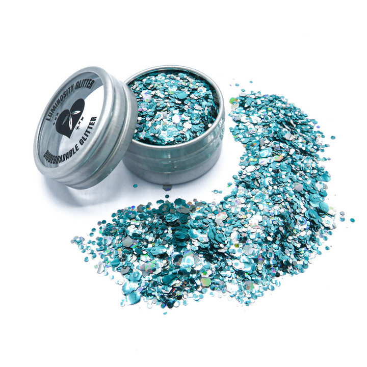 Ocean crush mix of bioglitter by Luminosity glitter. Hand mixed with turquoise and holographic glitter for festivals and makeup looks.
