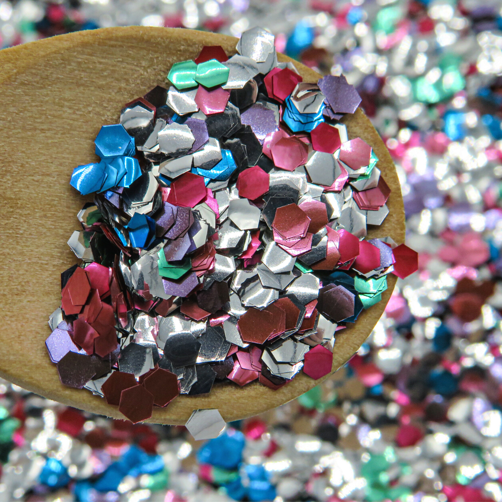 An ultra chunky mix of eco friendly glitter in pink, red, blue, green and silver shades