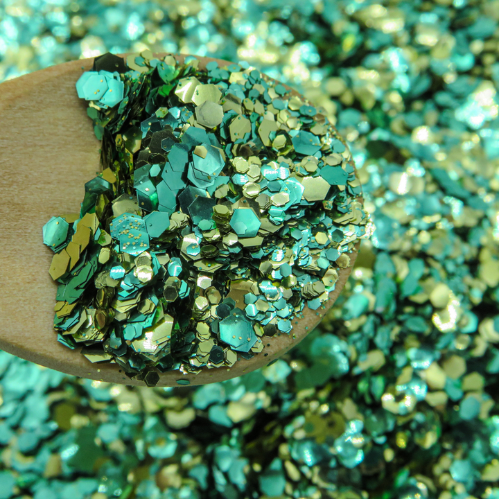 Pina blend of green and gold cosmetic bioglitter for face and body makeup and festivals