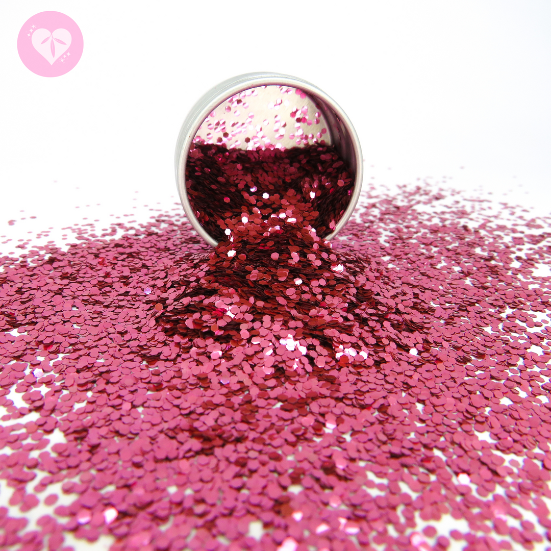 Rose pink chunky biodegradable glitter by Luminosity Glitter is only available in hexagonal shape and is perfect for festivals, makeup and glitter artists.