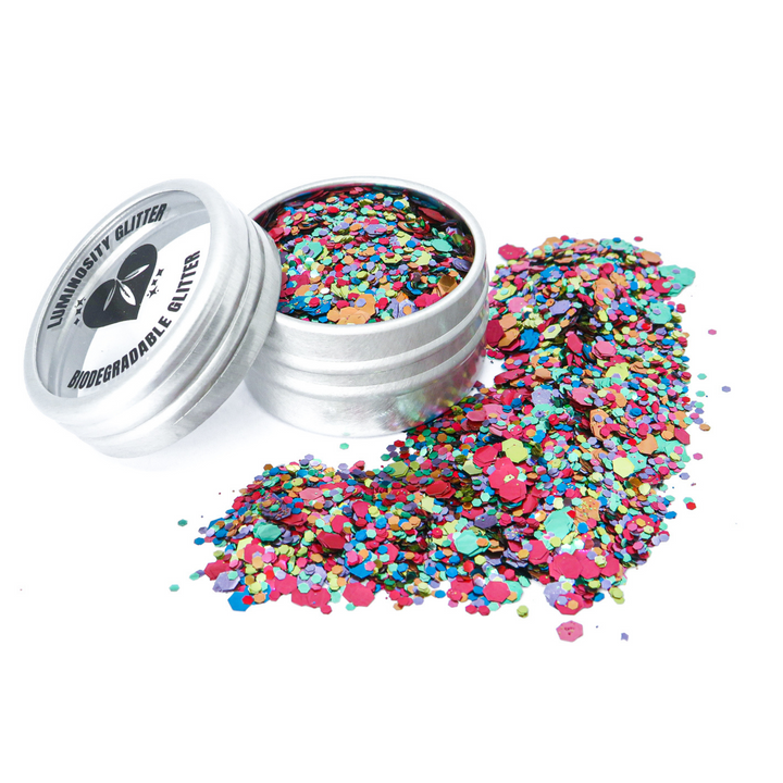 Rainbow Smash blend of biodegradable cosmetic glitter in rainbow colours. Perfect for festivals and pride makeup