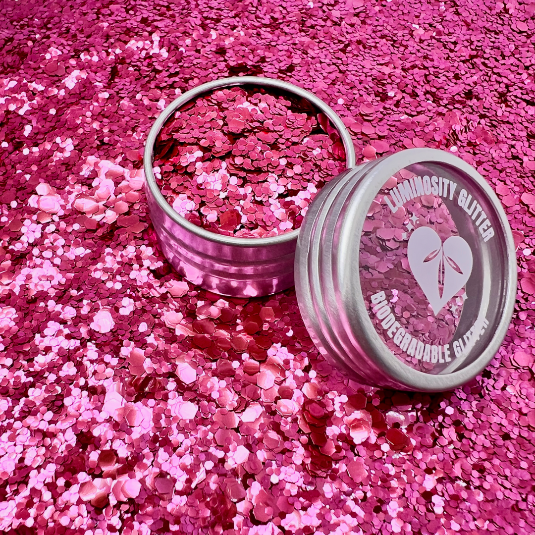 Pink blend of eco friendly glitter that biodegrades in a natural environment within weeks.