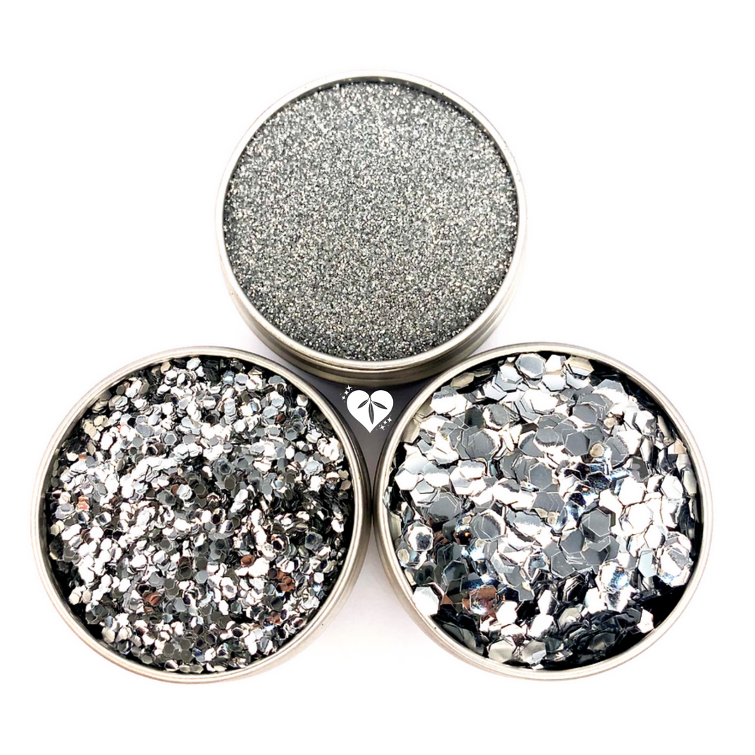 Trio of silver biodegradable glitters. Fine, chunky and ultra chunky glitters made primarily from eucalyptus and suitable for vegans.