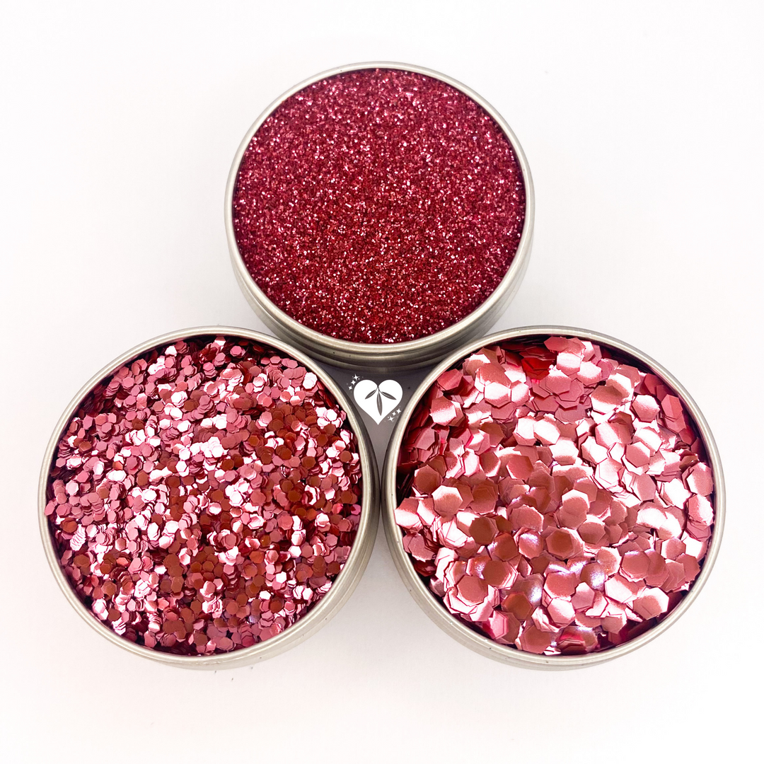 trio of pink biodegradable glitters. Fine, chunky and ultra chunky glitter in aluminium pots.