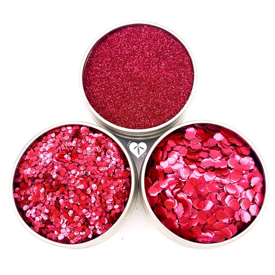 trio of red biodegradable glitters. Fine, chunky and ultra chunky red eco friendly glitter for festival makeup.