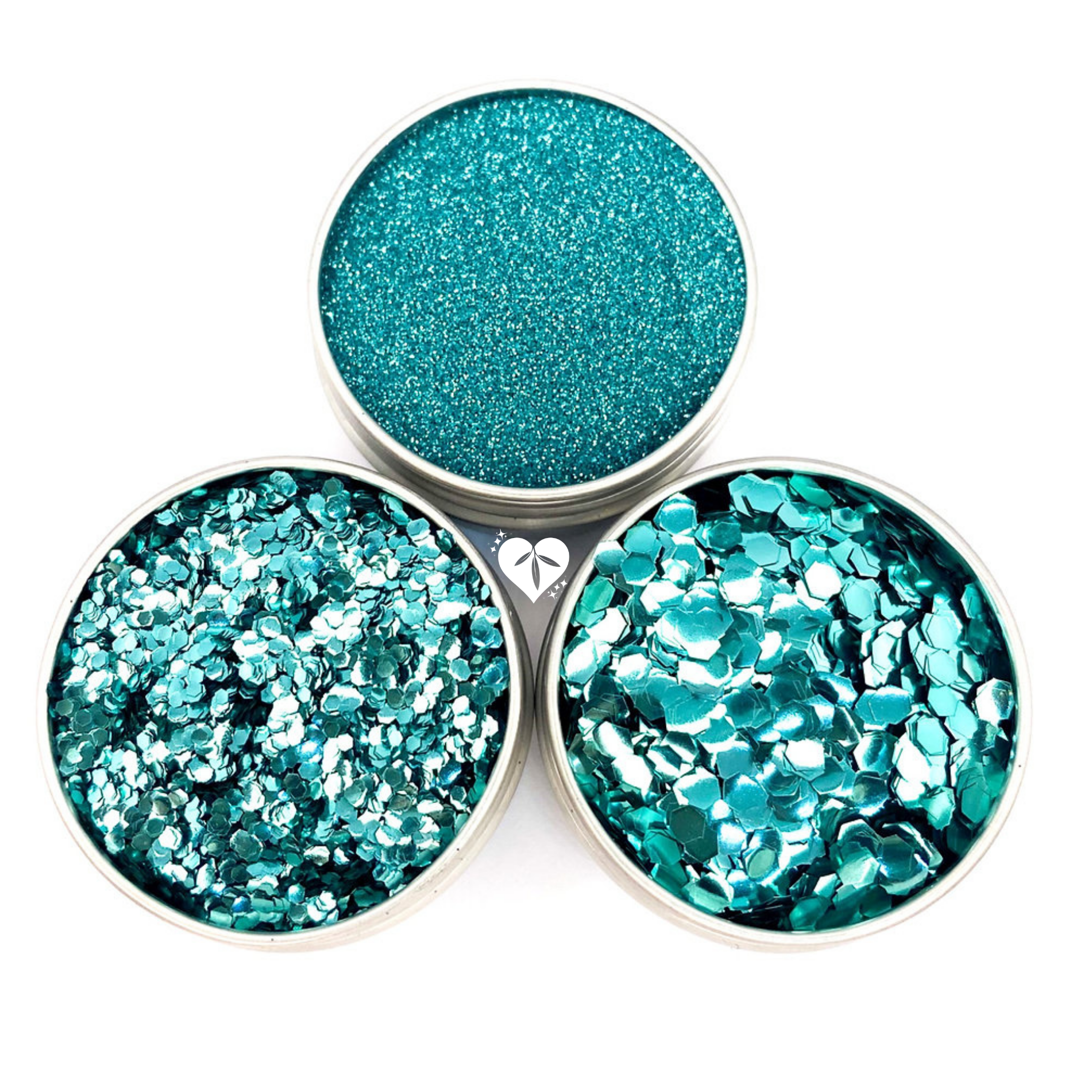 turquoise biodégradable glitters in fine, chunky and ultra chunky sizing for festivals and wax melt making.